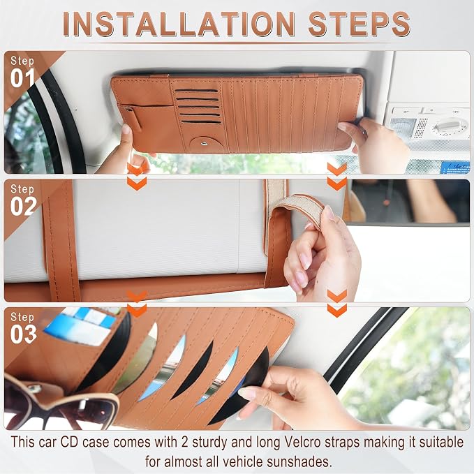 alpmosn Sun Visor CD Case Holder for Car - Multi-Function Visor Organizer with CD/DVD Storage, Eyeglass Clip, Card Slots & Pen Holder, Durable Leather Car Accessories (Orange)