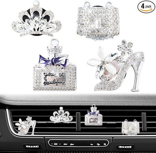 Rislobx 4PCS Bling Air Freshener Vent Clip, Crystal Diamond High Heel Shoe Bag Crown Perfume Bottle Car Diffuser Vent Clip Cute Bling Accessories Decoration for Women (Silver)