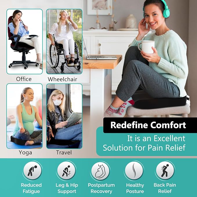 Seat Cushion - High-Density Charcoal Memory Foam Office Chair Cushion with Adjustable Strap & Washable Non-Slip Cover | Supports Sitting Posture for Office, Car & Home