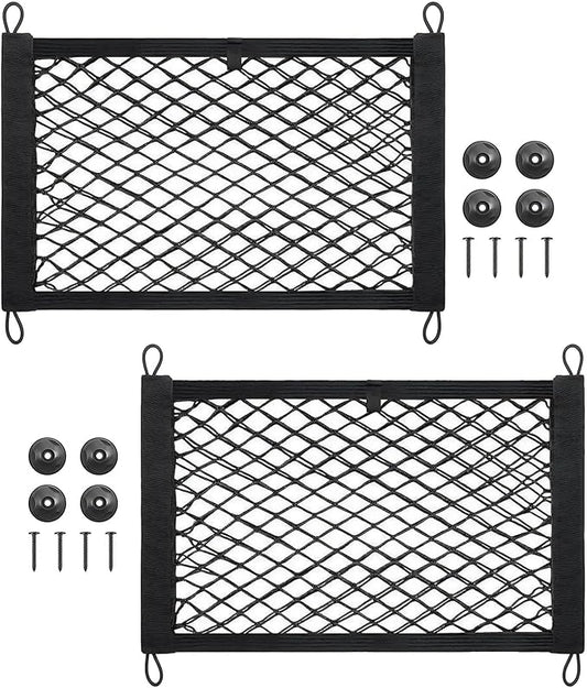 2 Pcs Small Cargo Net, 17.7 ×9.8in Mesh Pocket Elastic Bag | Stretchable Car Net Pocket Storage with 8 Mounting Screws and Hooks for Suv/Car/Truck/RV/Boat