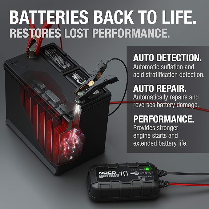 NOCO GENIUS10: 10A 6V/12V Smart Battery Charger – Automatic Maintainer, Trickle Charger & Desulfator with Overcharge Protection & Temperature Compensation – for Lead-Acid & Lithium Batteries
