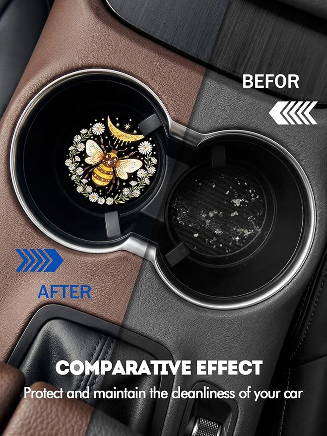 WOCOCN Car Coasters for Cup Holders - 2 Pack 2.75" Universal Rubber Car Cup Coaster, Non-Slip Waterproof Car Interior Accessories, Cute Car Decor Gifts for Women and Men (Bee)