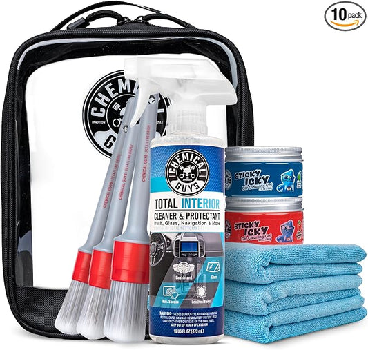 Chemical Guys Interior Cleaning Kit with Storage Bag Total Interior Cleaner Microfiber Towels Detailing Brushes and Sticky Gel Giftable Car Care Set - 10 Items
