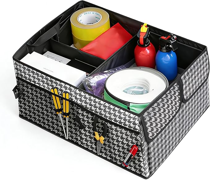 Car Trunk Organizer,Car Accessories Multi Compartment Automotive Storage Box,Waterproof Adjustable Vehicle Trunk Organizers,Suitable for Most Cars,SUV,Sedan,Trucks,Minivan (Black and White)