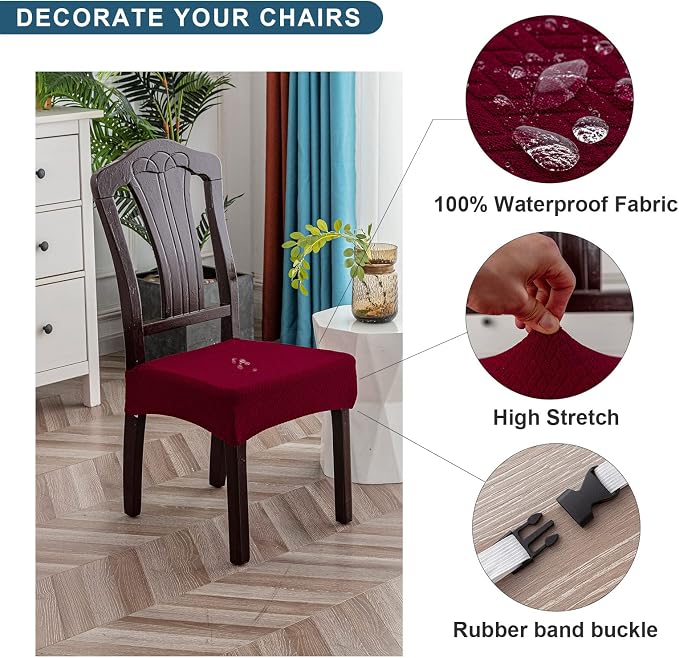 Genina Waterproof Seat Covers for Dining Room Chair Covers Waterproof Dining Chair Covers (6 PCS-Rear-Covered, Wine Red)