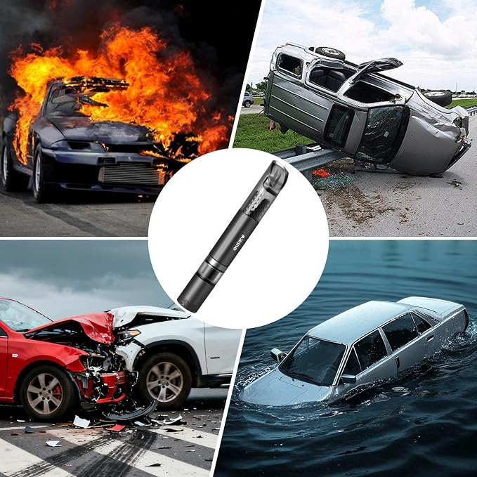 4-in-1 Car Window Breaker Seatbelt Cutter Emergency Escape Tool | Portable Spring Loaded Glass Breaker, Survival Whistle, LED Flashlight, Aluminum Alloy Safety Hammer for Emergencies, Black