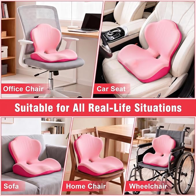 Car Seat Cushion with Lumbar Support Pillow, Memory Foam Office Chair Cushion for Back Pain Sciatica Pain Relief, Ergonomic L-Shaped Seat Cushion for Car Truck Driving Office Chair Home (Pink)