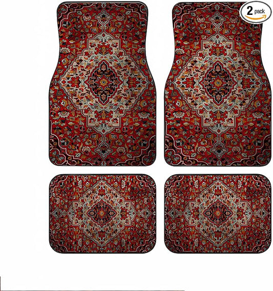 Universal Fit Car Floor Mats Set of 4Pcs, Bohemian Retro Red All-Weather Front Rear Car Carpet Mats, Non-Slip Car Floor Mat Car Accessories for Automotive Trucks SUV Sedans Vans