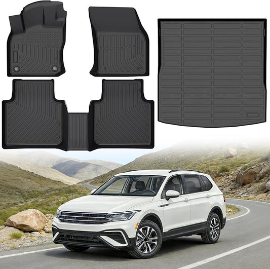 Floor Mats for Volkswagen VW Tiguan 5 Seats 2018-2024 (Not for 7-Seat) | Custom Fit Heavy Duty TPE All Weather Protection, Waterproof Non-Slip Black Car Liners (Two-Row Floor Mats & Cargo Liner)