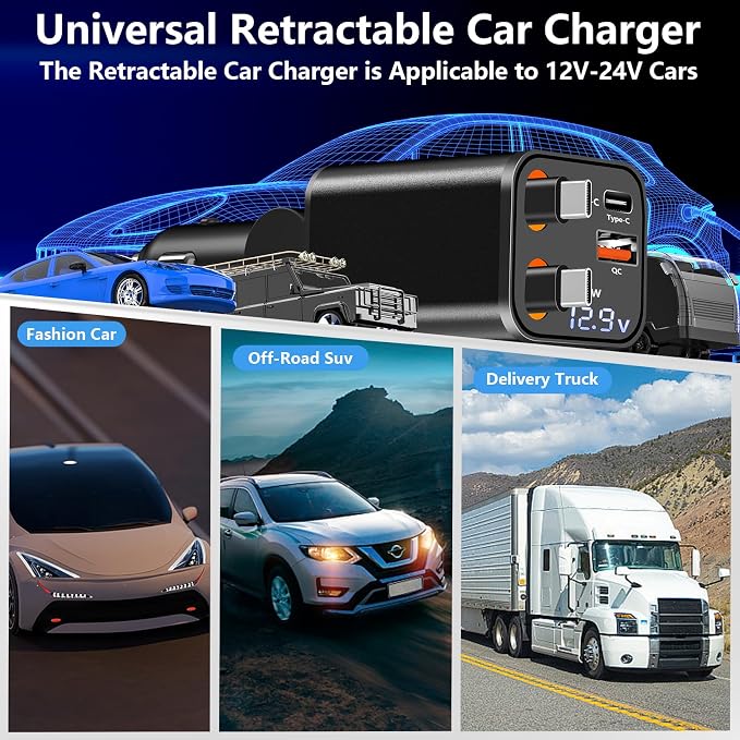 [Apple MFi Certified] Retractable Car Charger, Linocell 120W USB C Car Charger Car Accessories Adapter 4 in 1 PD/QC Type C Fast Charge Car Phone Charger for iPhone 17/17 Pro/16/15/Galaxy S26/S25/Pixel