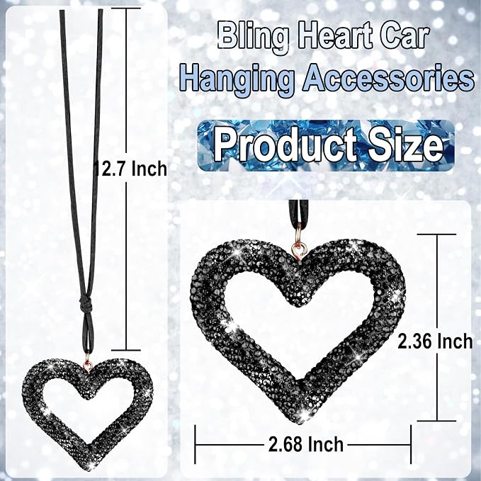 Bling Heart Car Hanging Accessories, Car Accessories for Women, Bling Rear View Mirror, Universal Bling Heart Diamond Car Accessories for Cars, Trucks, SUVs (Black)