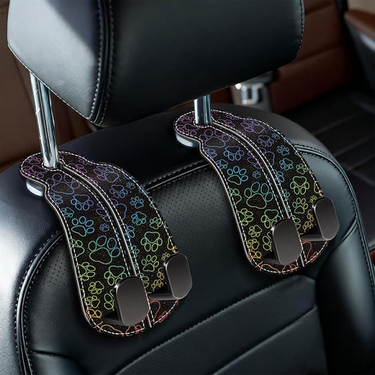 Blusabaca 2PCS Car Seat Back Storage Headrest Hooks, Dog Paw Purse Holder Bags Hanger, PU Leather Double Metal Hook for Backseat Organizer, Women Car Accessories Organization