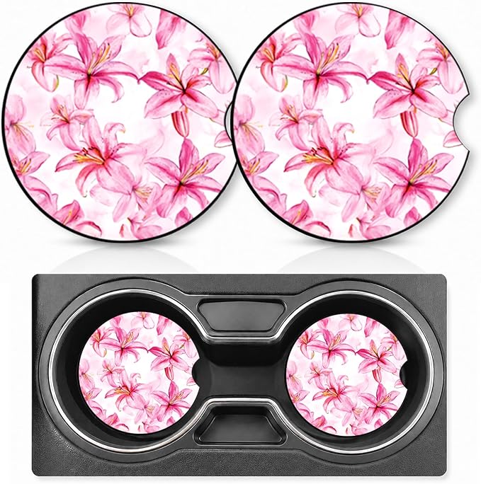 2PCS Lily Car Cup Holder Coasters Neoprene Car Coasters Universal | 2.75" Anti-Slip Rubber Mat with Finger Slot for Vehicle SUV Truck Cars Accessories Lily Gifts for Women Men