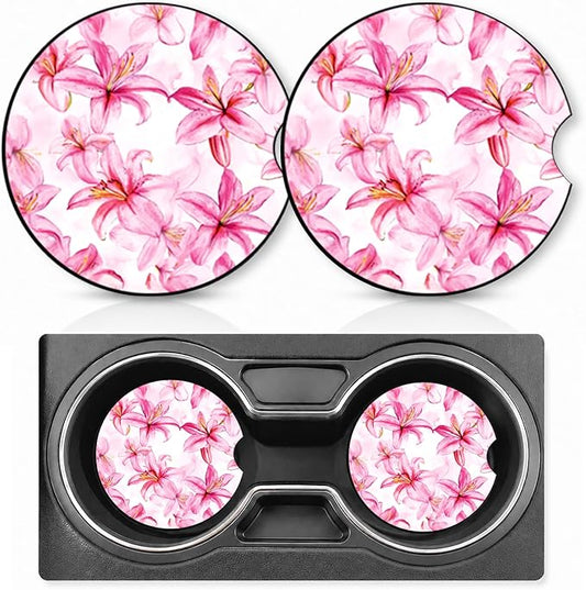 2PCS Lily Car Cup Holder Coasters Neoprene Car Coasters Universal | 2.75" Anti-Slip Rubber Mat with Finger Slot for Vehicle SUV Truck Cars Accessories Lily Gifts for Women Men