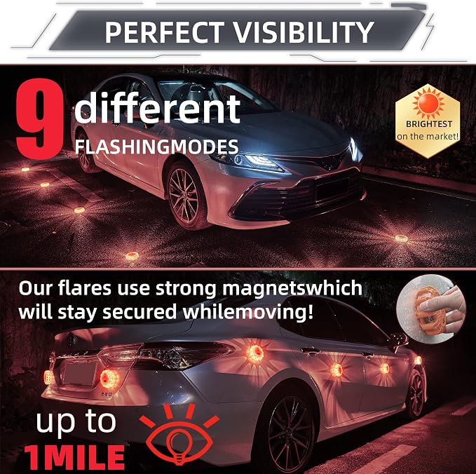 12 Pack Rechargeable LED Road Flares LED Emergency Roadside Warning Beacon Lights with Magnetic Base for Vehicles