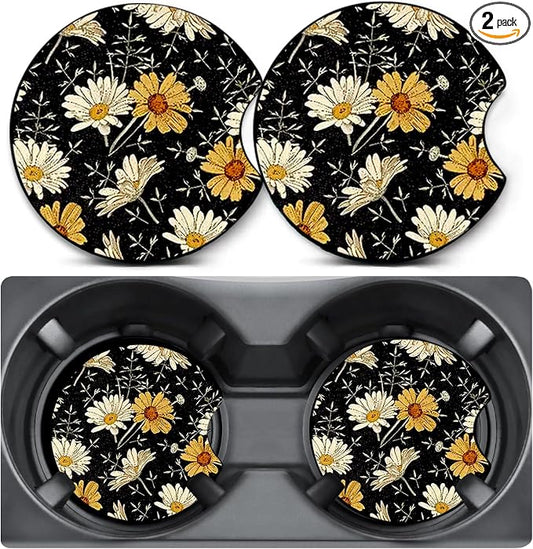 2 Pack Little Daisy Car Coasters for Cup Holders,Neoprene Anti Slip Mat | 2.75" Universal Size,Auto Rubber Drink Coasters Decor Car Accessories Interior Little Daisy Gifts for Women Men