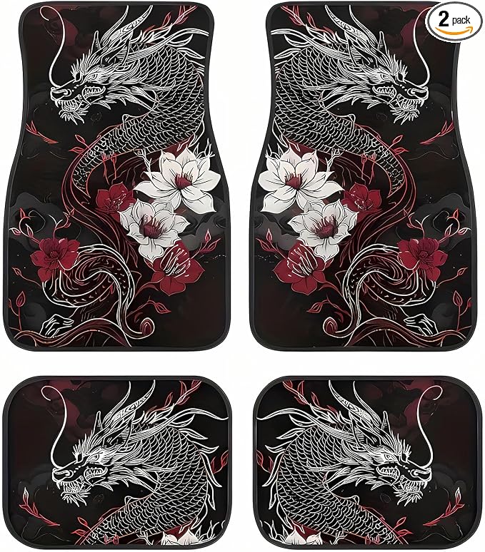 Universal Fit Car Floor Mats Set of 4Pcs, Dragons and Flowers Print All-Weather Front Rear Car Carpet Mats, Non-Slip Car Floor Mat Car Accessories for Automotive Trucks SUV Sedans Vans
