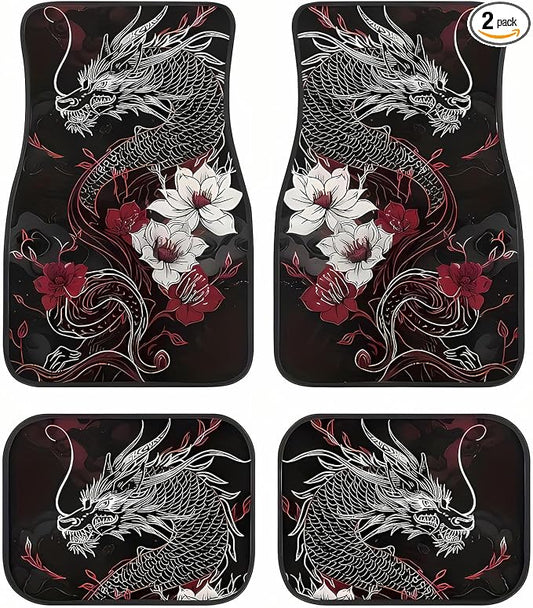 Universal Fit Car Floor Mats Set of 4Pcs, Dragons and Flowers Print All-Weather Front Rear Car Carpet Mats, Non-Slip Car Floor Mat Car Accessories for Automotive Trucks SUV Sedans Vans