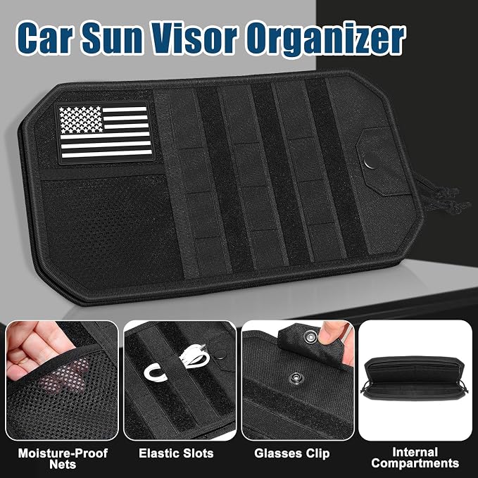 Car Sun Visor Organizer 2 PCS, Multi-Pocket Visor Organizer Storage Pouch | Car Visor Organizer for Cars, SUVs, Trucks with Net Zipper, Elastic Bands, Glasses Clip, Auto Interior Accessories Organizer