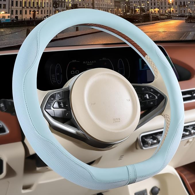 Nappa Leather Blue D Shaped Steering Wheel Cover 14 inch | Non-Slip Breathable Baby Blue Ice Silk Fabric, Warm in Winter and Cool in Summer, Small 13.5 inch to 14 inch for Prius Civic