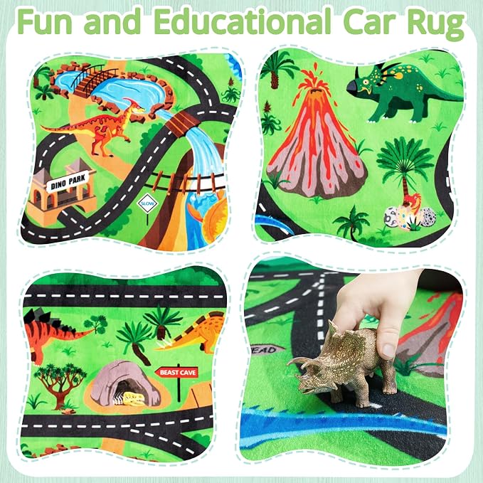 Kids Dinosaur Rug, 5x7 Ft Car Rug Play Mat for Kids | Extra Thick 0.4 in Soft Non-Slip Car Carpet Play Dino Rug with Realistic Roads for Toy Cars,Bedroom, Playroom & Nursery