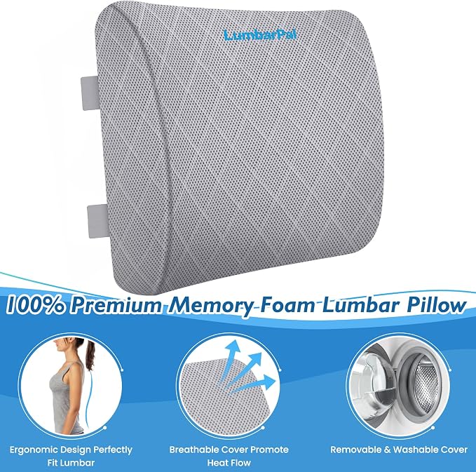 Lumbar Support Pillow for Office Chair Back Support Lumbar Pillow for Car, Gaming, Office Chair - Improve Sitting Posture & Back Pain Relief, Memory Foam, Adjustable Straps, Light Grey