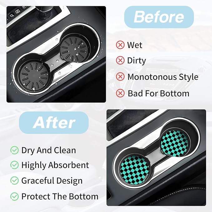 Green and Black Checkered Car Coasters for Cup Holders,2 Pack Car Cup Holder Coasters for Car,Ceramic Absorbent Car Coaster with A Finger Notch and Cork Base,Car Interior Accessories for Women Men