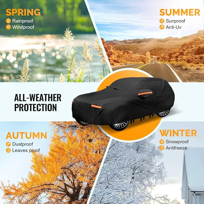 Heavy Duty SUV Car Cover for Automobiles All Weather Waterproof, Outdoor Snowproof UV Protection Windproof, Door Zipper, Soft Cotton Universal Car Covers (Black, Fit SUV 191"-200")