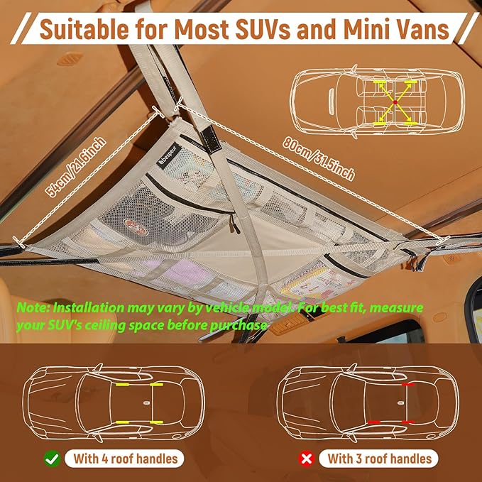 Car Ceiling Cargo Net with 2 Pockets,31.5"x21.6" Overhead Storage Mesh Organizer for SUV and Mini Van,Double Car Net for Road Trip Essentials,Camping Gear,Vehicle Roof Storage,Beige