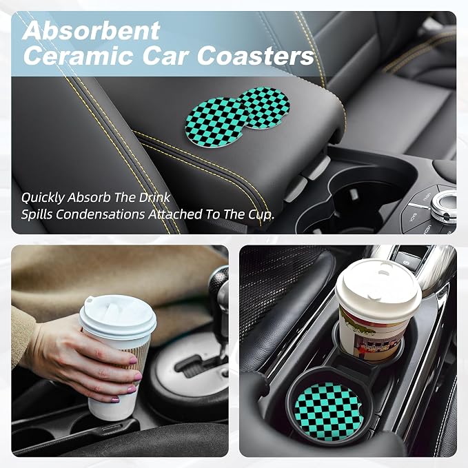 Green and Black Checkered Car Coasters for Cup Holders,2 Pack Car Cup Holder Coasters for Car,Ceramic Absorbent Car Coaster with A Finger Notch and Cork Base,Car Interior Accessories for Women Men