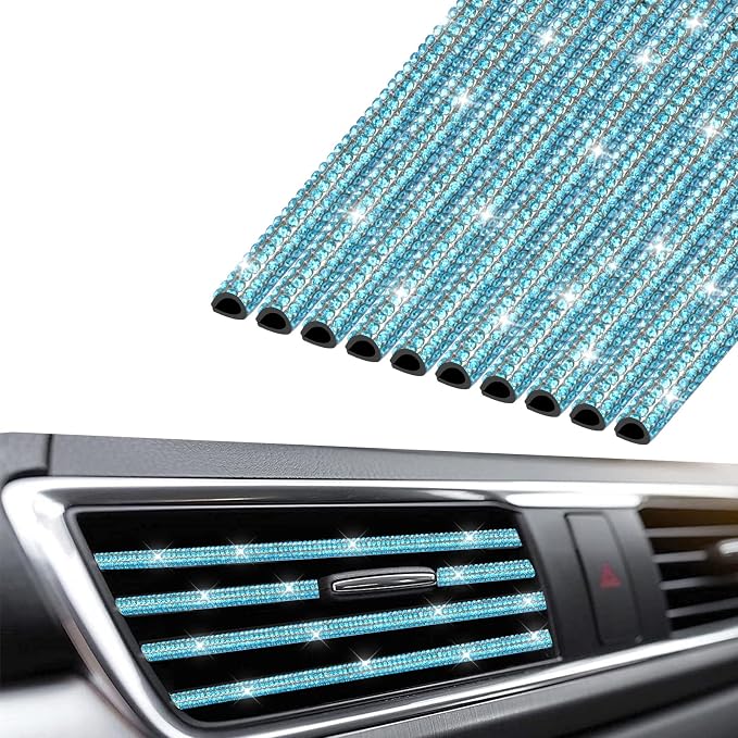 INSAUTO Bling Car Vent Outlet Trim,Bling Car Accessories for Women, 10pcs Rhinestone Bling Car Air Conditioner Vent Decoration Strips(Blue)