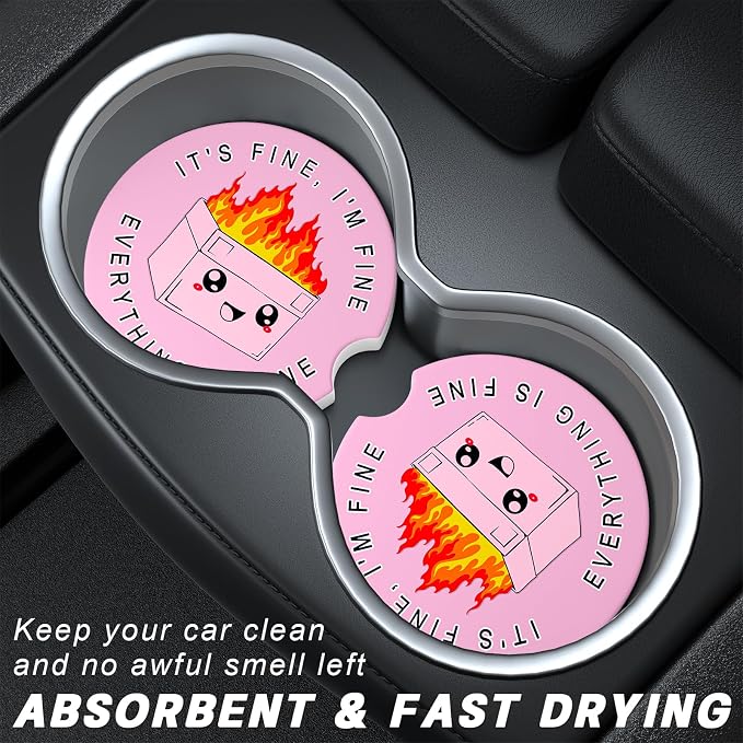 Aiawoxc Car Cup Holder Coasters, 2 Pack Universal Auto Anti Slip Insert Coaster with A Finger Notch, Cup Mat for Most Car Interior, Pink Cute Dumpster