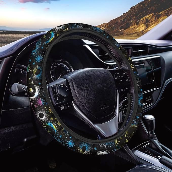 Wanyint Sun Moon Star Blue Car Steering Wheel Cover Universal 15 Inch Breathable Auto Steering Wheel Cover Car Accessory for Women Men