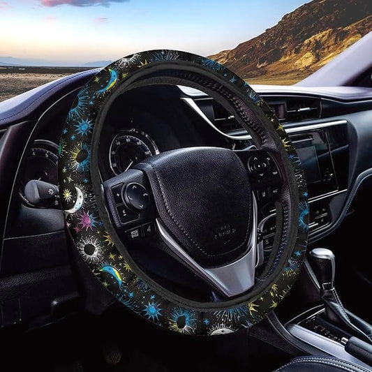 Wanyint Sun Moon Star Blue Car Steering Wheel Cover Universal 15 Inch Breathable Auto Steering Wheel Cover Car Accessory for Women Men