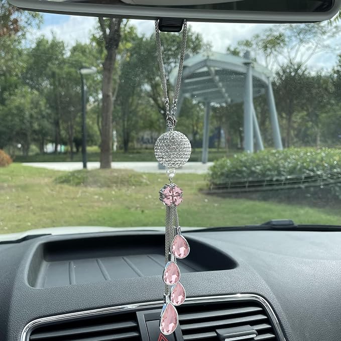 Bling Car Accessories for Women and Man,Cute Car Decor for Women,Lucky Crystal Sun Catcher Ornament,Rear View Mirror Crystal Ball Charm Decor (30 mm Clear)(Pink)