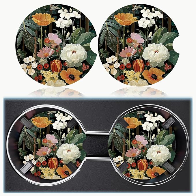 Car Cup Holder Coaster Set of 2, 2.56 in Ceramic Coasters, Scratch-Resistant Cork Backing, Finger Groove Design for Easy Placement, Cute Car Accessories Interior for Women (Black Flowers)