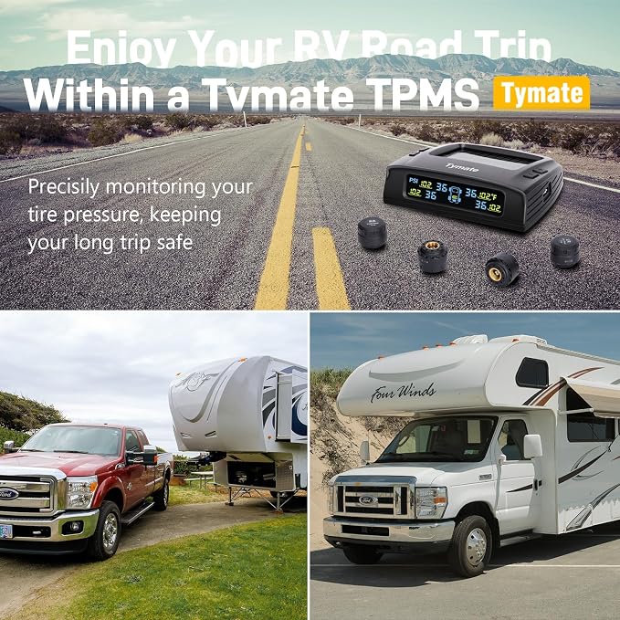 Tymate TM2 RV Tire Pressure Monitoring System, Tire Pressure Monitor with Solar Charge, TPMS with 4 Sensors(Max. 10) & 6 Alarm Modes, Color LCD Display, 0-144PSI for RV/Trailer/Truck/SUV/Fifth Wheel