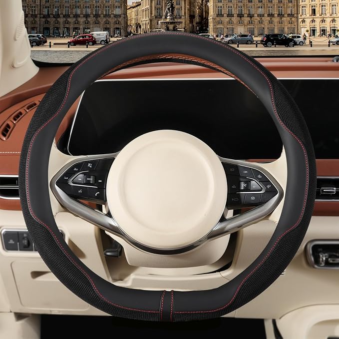 Nappa Leather Black D Shaped Steering Wheel Cover 15 inch | Non-Slip Breathable Microfiber Leather Ice Silk Fabric, Warm in Winter and Cool in Summer Universal 14.5 inch to 15 inch