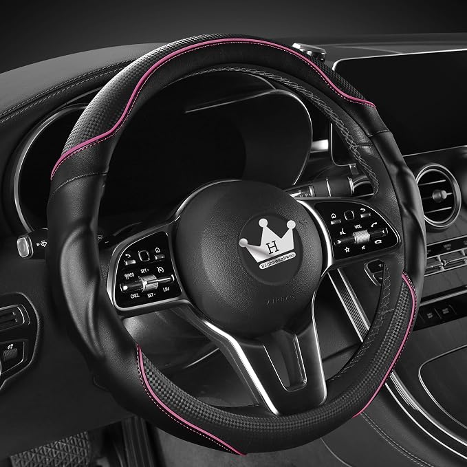 HighnessHwoo 3D Car Steering Wheel Cover Comfort Grip Massage Sporty Anti-Slip Carbon Fiber Faux Leather for Sedan SUV, Universal Fit, Car Handle Covers for All Seasons, 14.75-15.15in, Pink