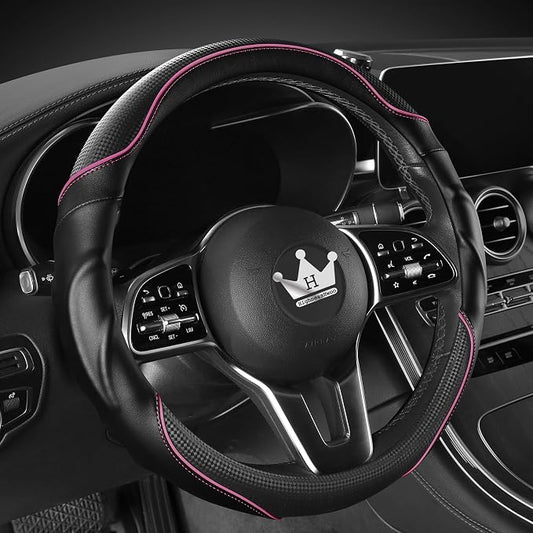 HighnessHwoo 3D Car Steering Wheel Cover Comfort Grip Massage Sporty Anti-Slip Carbon Fiber Faux Leather for F150, Trucks, Jeep, Van, Car Handle Covers for All Seasons, 15.2-16in, Pink