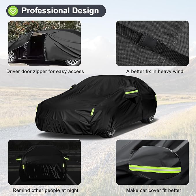 Sailnovo Car Cover Waterproof All Weather, 7 Layers Heavy Duty Full Exterior Cover for Car Outdoor Snow Sun UV Protection with Zipper for Automobiles（SWM9)