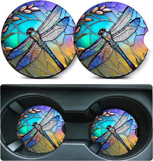 2 Pack Dragonfly Car Cup Holder Coasters Universal Neoprene Coasters | 2.75" Universal Size Anti Slip Rubber Mat, Auto Cup Holder Decor Accessories for SUV Truck, Dragonfly Gifts for Women Mom