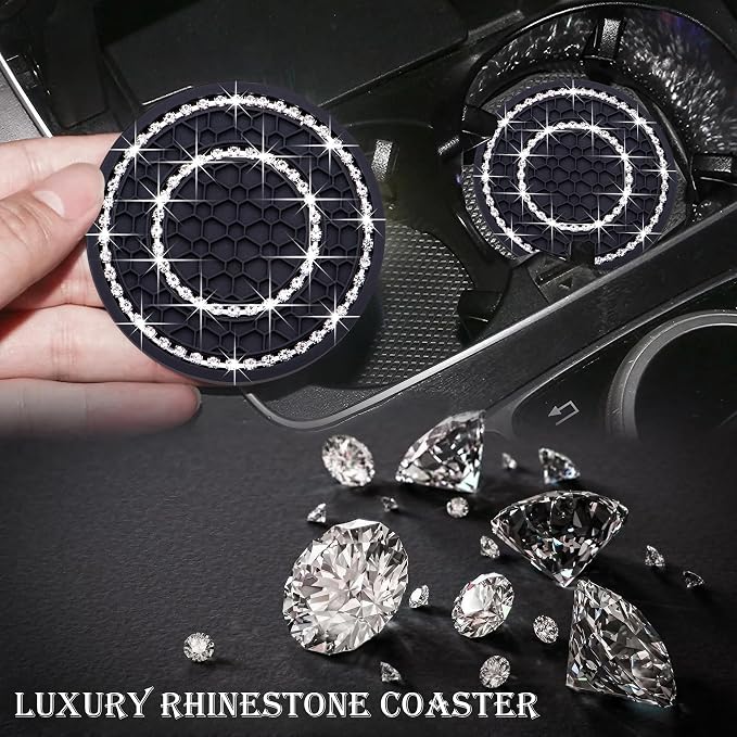 4PCS Bling Crystal Rhinestone Cup Holder Coaster, 2.75 inch Soft Silicone Anti-Slip Shockproof, Car Cup Holder Insert Coasters, Universal Car Interior Accessories for Women (Black & White)
