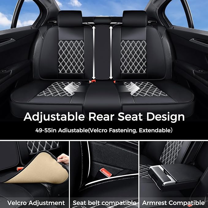 Huidasource Universal Car Seat Cover, Car Seat Cover Set Nappa Leather Universal Fit for Most Cars, Vans, Trucks, SUVs, Compatible with Airbags, Seat Covers Velcro Adjustable (Full Set/Black&White)