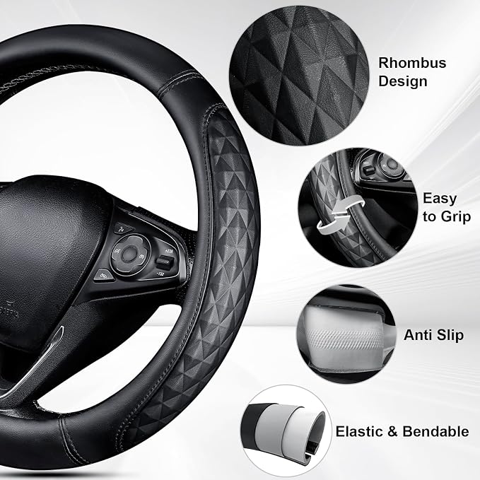 CAR PASS 3D Memory Foam Leather Car Steering Wheel Cover Set, Comfortable Rhombus Leather Center Console Armrest Cushion with Storage Bags Non-Slip 14.5-15in Car Interior Covers Sets, 4 PCS All Black