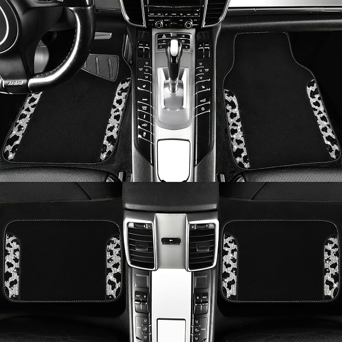 CAR PASS Bling Cow Car Mats Rhinestones Diamond Waterproof Floor Mat Crystal Sparkly Shining Glitter Carpet Anti-Slip PVC Heel Pad, Universal Fit Automotive SUV,Sedan,4pcs Girly Women, Cow Diamond