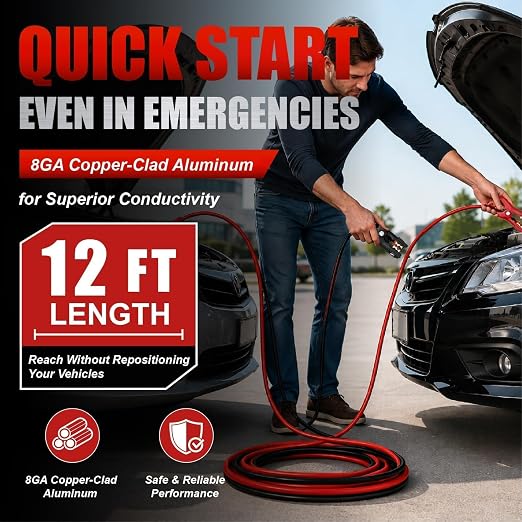 Jumper Cables for Car,8 Gauge 12 Feet Heavy Duty Booster Cable,Quick Connect Automotive Wires with Alligator Clamps,Carrying Bag for Cars Trucks