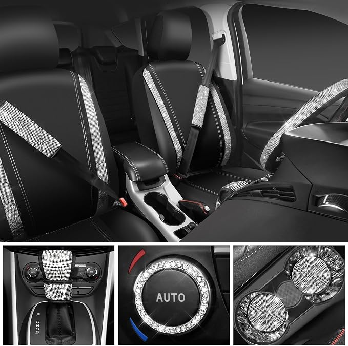 CAR PASS Leather Bling Seat Covers Full Sets 16 pcs, Bling Diamond Car Accessories Set for Women, Sparkly Rhinestone Steering Wheel Cover, Glitter Cute Car Interior Sets for Women Girl, Silver Diamond
