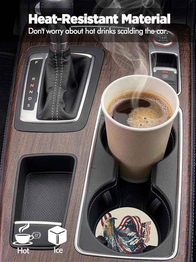 WOCOCN Car Coasters for Cup Holders - 2 Pack 2.75" Universal Rubber Car Cup Coaster, Non-Slip Waterproof Car Interior Accessories, Cute Car Decor Gifts for Women and Men (USA Eagle)