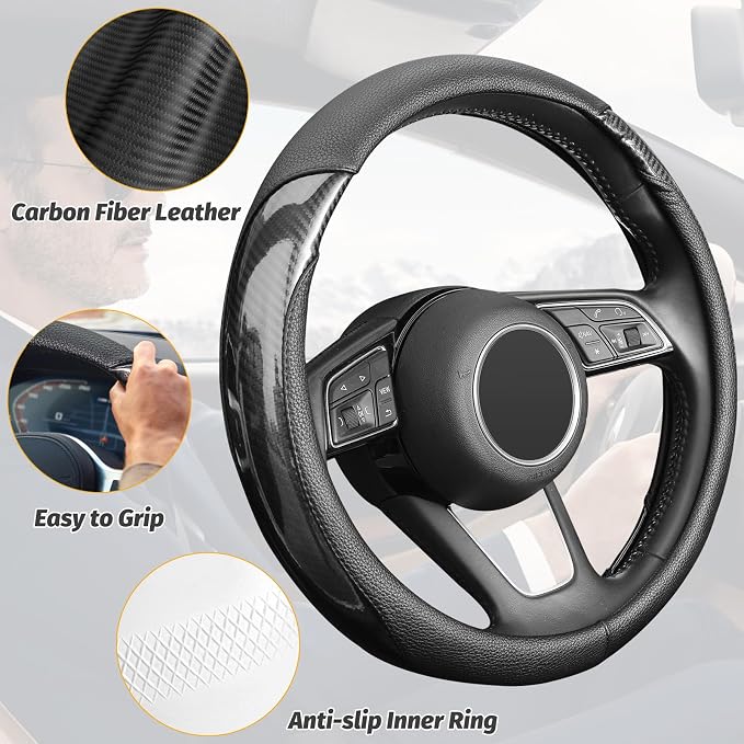 KAFEEK Carbon Fiber Steering Wheel Cover for Men, Car Accessories, Black | Universal 15 Inch Sporty & Thin Cover, Lychee Textured Leather, Side Carbon Fiber Accent